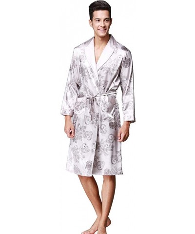 Mens Bathrobe Satin Print Classic Robe Lighweight Home Kimono Sleepwear Pajamas - A Gray - CJ18ADLXQOD $44.38 Robes