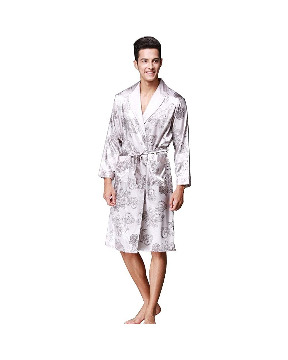 Mens Bathrobe Satin Print Classic Robe Lighweight Home Kimono Sleepwear Pajamas - A Gray - CJ18ADLXQOD $44.38 Robes