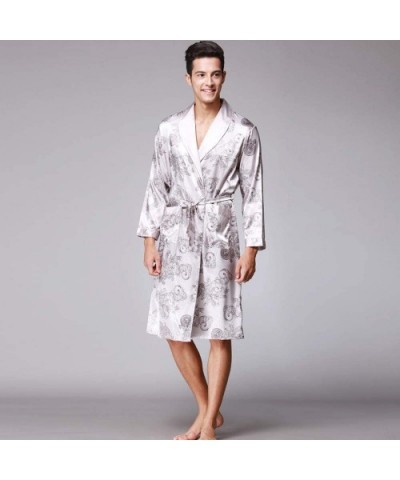 Mens Bathrobe Satin Print Classic Robe Lighweight Home Kimono Sleepwear Pajamas - A Gray - CJ18ADLXQOD $44.38 Robes