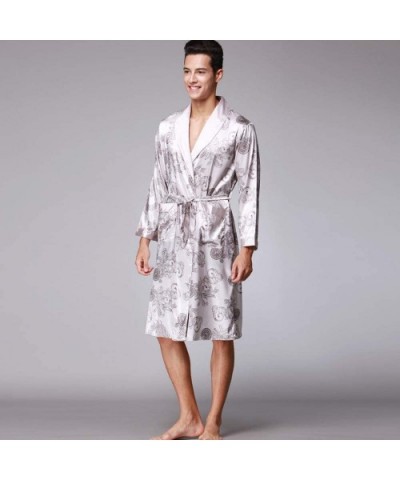 Mens Bathrobe Satin Print Classic Robe Lighweight Home Kimono Sleepwear Pajamas - A Gray - CJ18ADLXQOD $44.38 Robes