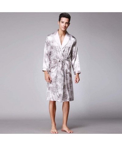 Mens Bathrobe Satin Print Classic Robe Lighweight Home Kimono Sleepwear Pajamas - A Gray - CJ18ADLXQOD $44.38 Robes