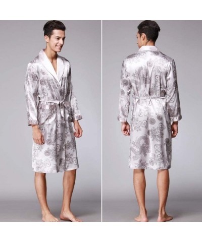 Mens Bathrobe Satin Print Classic Robe Lighweight Home Kimono Sleepwear Pajamas - A Gray - CJ18ADLXQOD $44.38 Robes