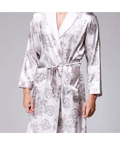 Mens Bathrobe Satin Print Classic Robe Lighweight Home Kimono Sleepwear Pajamas - A Gray - CJ18ADLXQOD $44.38 Robes