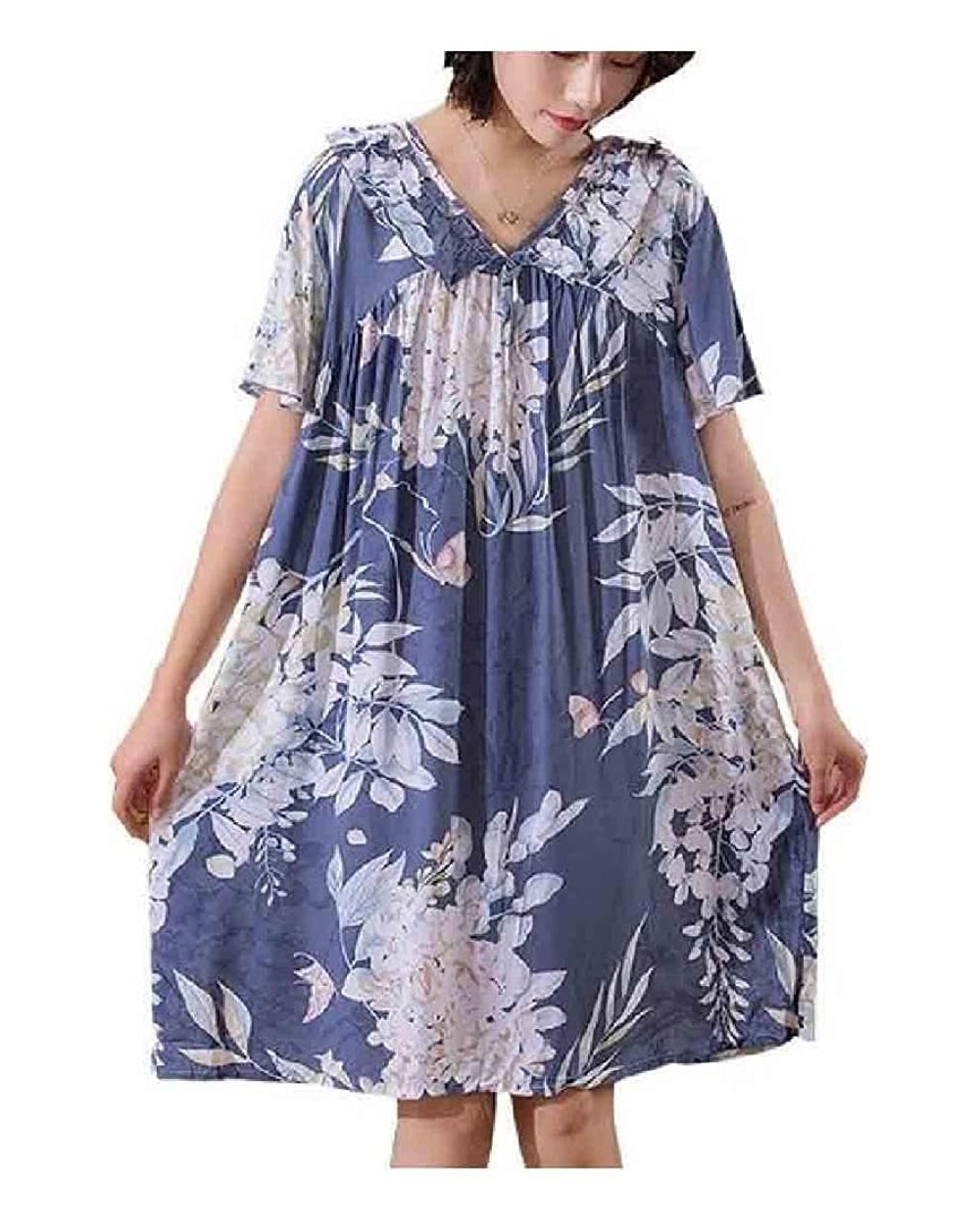 Women's Everyday Baggy Style Short Sleeve Leisure Floral Sleep Dress - As1 - CE1900YLLYO $34.53 Nightgowns & Sleepshirts