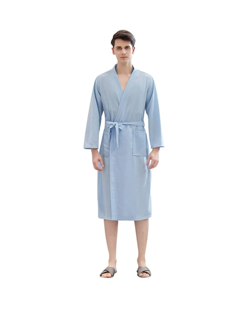 2019 New Mens Solid Bandage Robe Bathrobe Gown Pajamas Long Sleepwear Pocket Waistband - Sky Blue - C218AQQAA3D $37.72 Robes