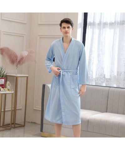 2019 New Mens Solid Bandage Robe Bathrobe Gown Pajamas Long Sleepwear Pocket Waistband - Sky Blue - C218AQQAA3D $37.72 Robes