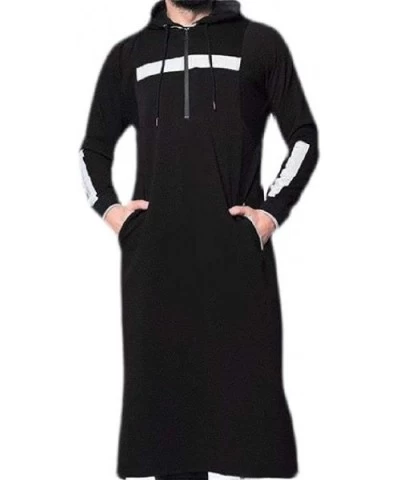 Mens Hoodie Loose Fit Casual Long Sleeve Muslim Arab Thobe Caftan Robes - Black - CL199IID9MT $55.81 Robes