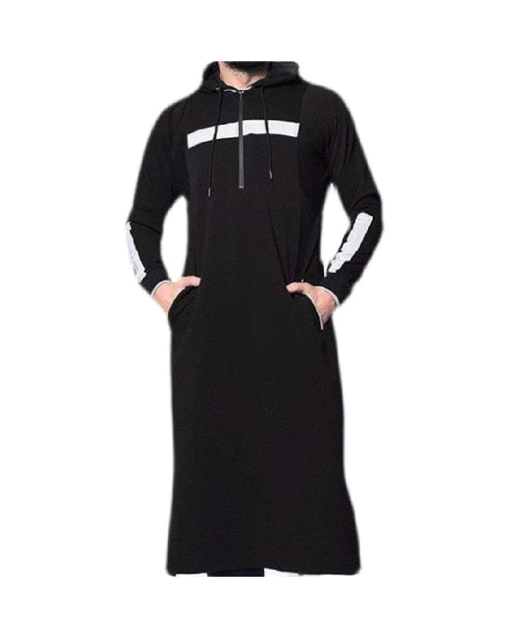 Mens Hoodie Loose Fit Casual Long Sleeve Muslim Arab Thobe Caftan Robes - Black - CL199IID9MT $55.81 Robes