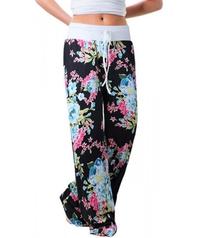 Women's Summer Casual Pajama Pants Floral Print Drawstring Palazzo Lounge Pants Wide Leg - Black4 - CN18EGG5XNE $33.69 Bottoms