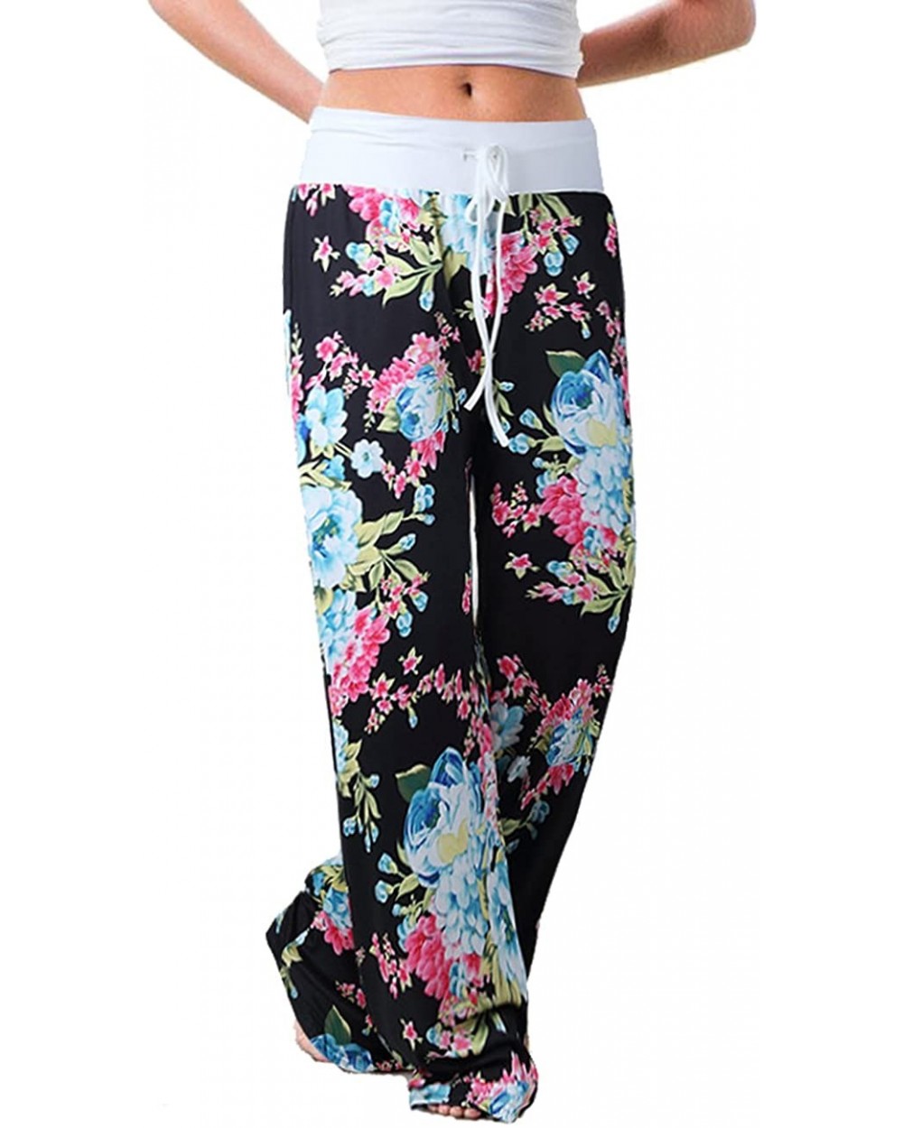 Women's Summer Casual Pajama Pants Floral Print Drawstring Palazzo Lounge Pants Wide Leg - Black4 - CN18EGG5XNE $33.69 Bottoms