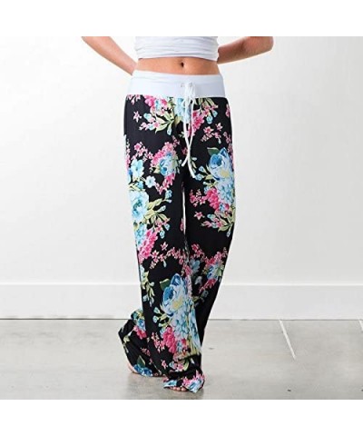 Women's Summer Casual Pajama Pants Floral Print Drawstring Palazzo Lounge Pants Wide Leg - Black4 - CN18EGG5XNE $33.69 Bottoms