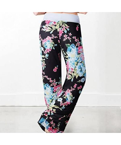 Women's Summer Casual Pajama Pants Floral Print Drawstring Palazzo Lounge Pants Wide Leg - Black4 - CN18EGG5XNE $33.69 Bottoms