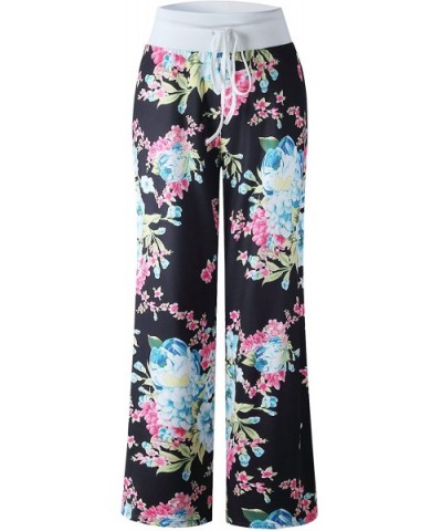 Women's Summer Casual Pajama Pants Floral Print Drawstring Palazzo Lounge Pants Wide Leg - Black4 - CN18EGG5XNE $33.69 Bottoms