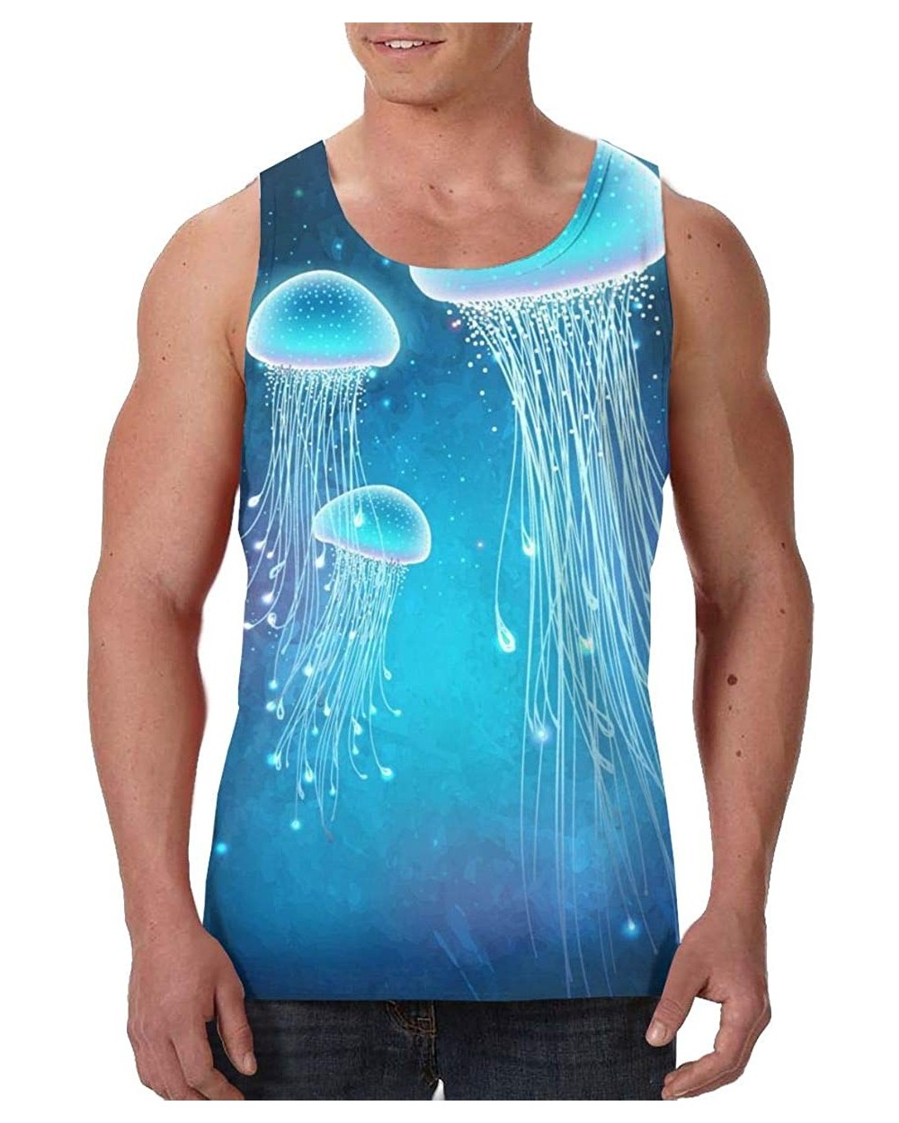 Men Muscle Tank Top Summer Beach Holiday Fashion Sleeveless Vest Shirts - Magic Glowing Jellyfish Underwater - CW19DE06GOW $3...