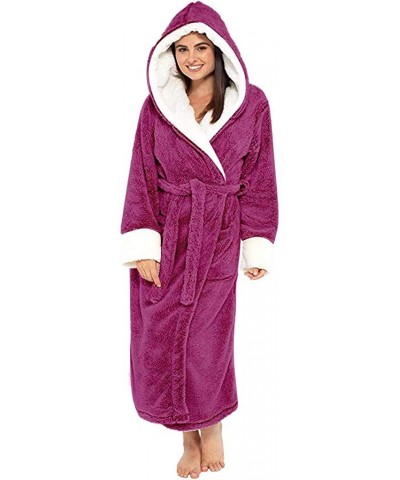 Women Plush Soft Warm Fleece Bathrobe Robe Soft Comfortable Spa Sleepwear Luxury House Long Sleeve Loungewear Hot Pink - CE19...