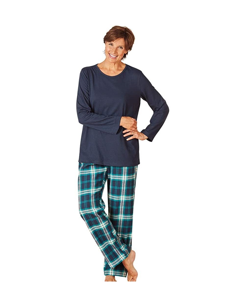 Women's Pajama Set - 100% Flannel Pants and Long Sleeve Cotton PJ Top - Navy - CT18M0WOZGQ $51.80 Sets