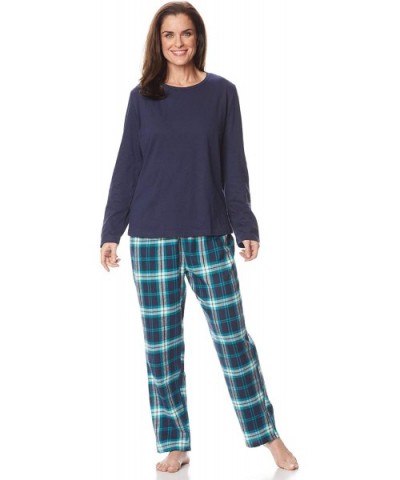 Women's Pajama Set - 100% Flannel Pants and Long Sleeve Cotton PJ Top - Navy - CT18M0WOZGQ $51.80 Sets