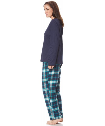 Women's Pajama Set - 100% Flannel Pants and Long Sleeve Cotton PJ Top - Navy - CT18M0WOZGQ $51.80 Sets