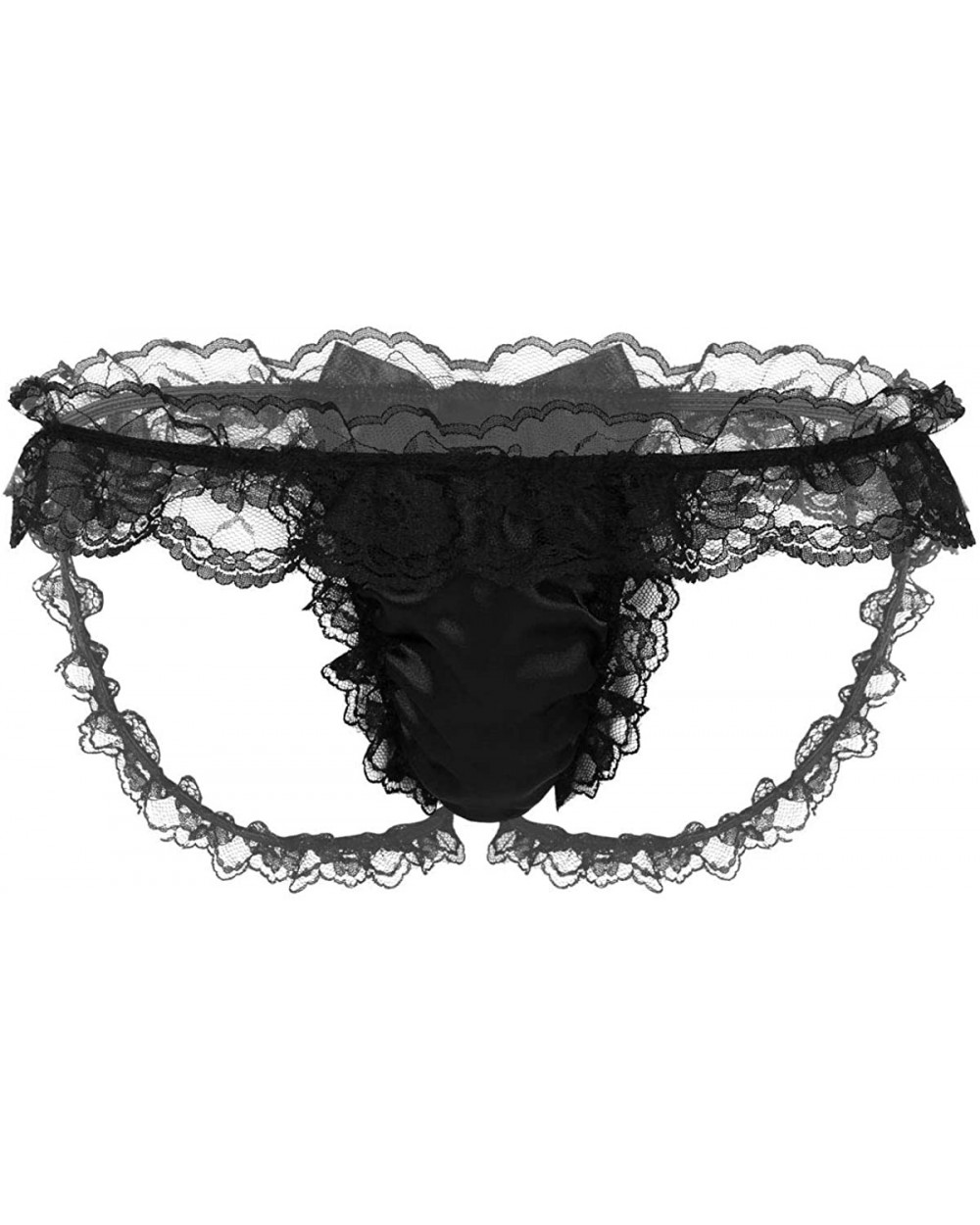 Men's Satin Frilly Ruffled Lace Bikini Briefs Sissy Crossdressing Bulge Pouch Underwear - Black - CQ19D8SXR70 $25.49 G-String...