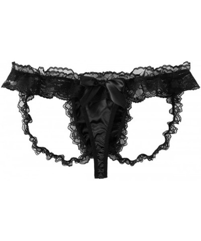 Men's Satin Frilly Ruffled Lace Bikini Briefs Sissy Crossdressing Bulge Pouch Underwear - Black - CQ19D8SXR70 $25.49 G-String...