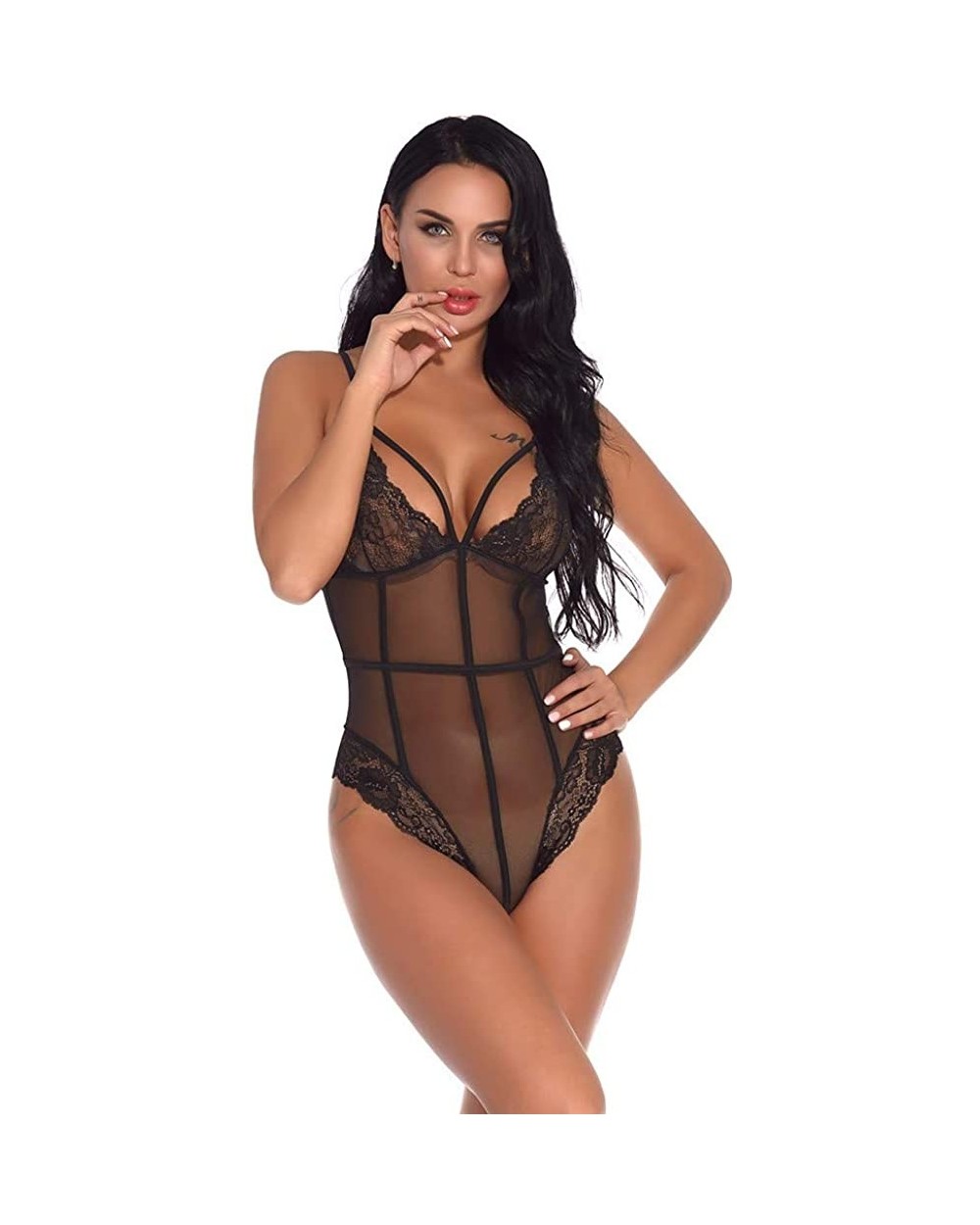 Lingerie for Women Teddy One Piece Lace Babydoll Bodysuit Jumpsuits Alalaso - Black - CH18SXGROY8 $17.41 Baby Dolls & Chemises