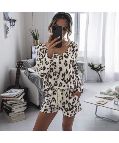 Pajamas for Women Shorts Set-Womens Leopard Printed Lounge Sets Long Sleeve Short PJ Set Nightwear Loungewear - A - CL19D84GN...