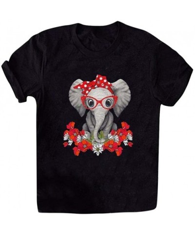 Womens Round Neck Flower Elephant Headband Printed Short Sleeve T Shirt Tops Casual Pullover Summer Blouse Black - CR19DEZW8K...