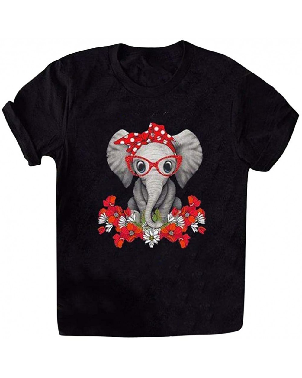 Womens Round Neck Flower Elephant Headband Printed Short Sleeve T Shirt Tops Casual Pullover Summer Blouse Black - CR19DEZW8K...