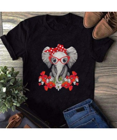 Womens Round Neck Flower Elephant Headband Printed Short Sleeve T Shirt Tops Casual Pullover Summer Blouse Black - CR19DEZW8K...