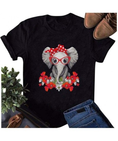 Womens Round Neck Flower Elephant Headband Printed Short Sleeve T Shirt Tops Casual Pullover Summer Blouse Black - CR19DEZW8K...