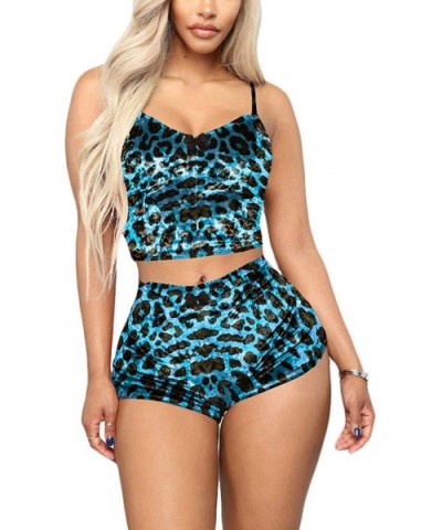 Womens Sexy Pajamas Set Velvet 2 Piece Outfits Crop Top Cami Shorts Sets Loungewear - Leopard-blue - C7198769E5Q $31.02 Sets