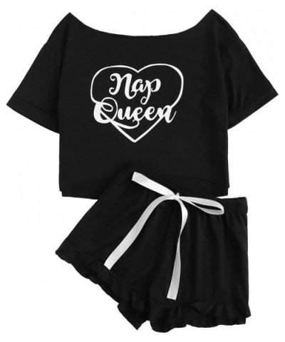 Women's Lounge Pajama Short Sleeve Letter Crop Top and Ruffle Shorts - Black - C518NC2KLME $33.84 Sets