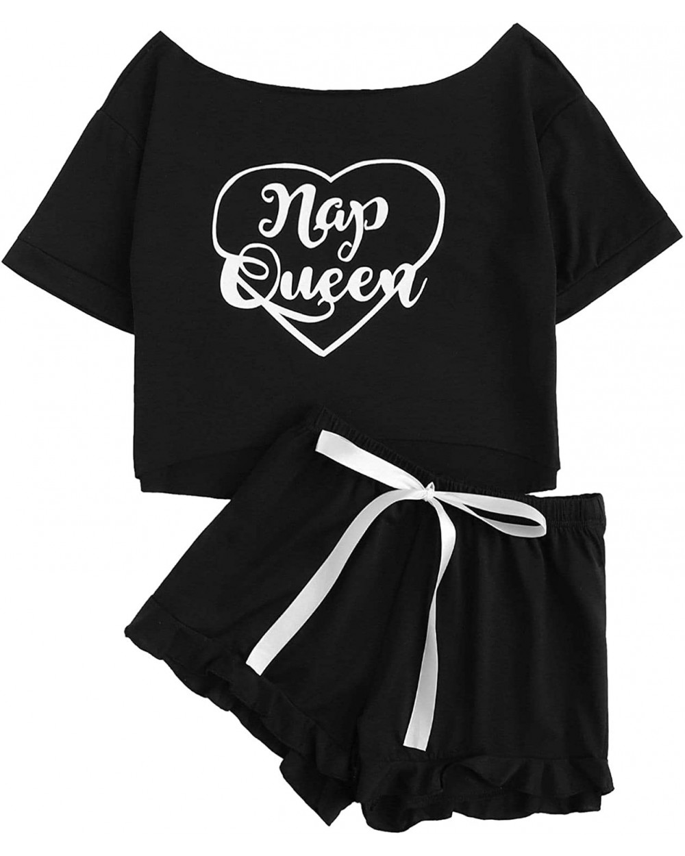 Women's Lounge Pajama Short Sleeve Letter Crop Top and Ruffle Shorts - Black - C518NC2KLME $33.84 Sets