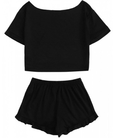 Women's Lounge Pajama Short Sleeve Letter Crop Top and Ruffle Shorts - Black - C518NC2KLME $33.84 Sets