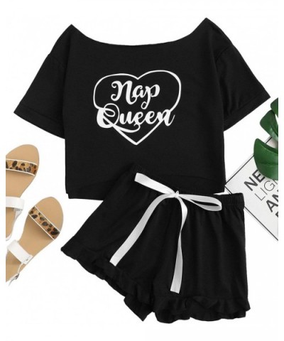 Women's Lounge Pajama Short Sleeve Letter Crop Top and Ruffle Shorts - Black - C518NC2KLME $33.84 Sets