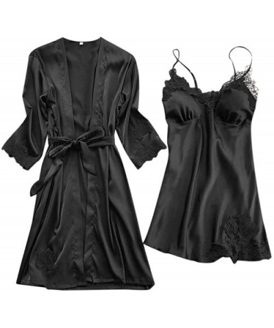 Lingerie Women Silk Lace Robe Dress Babydoll Nightdress Sleepwear Kimono Set - Black - CP18O7G2S9K $29.03 Robes