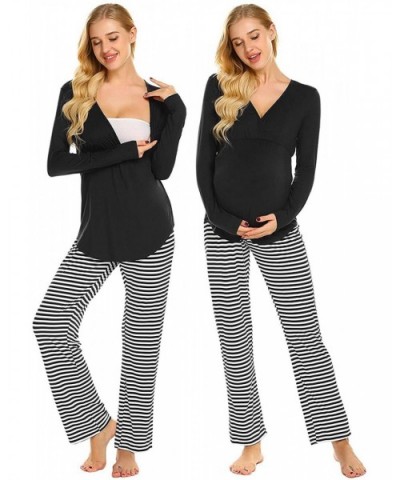 Maternity Nursing Pajama Set Striped Pants Short/Long Sleeve V Neck Breastfeeding Sleepwear Hospital Gown S XXL Black - C9198...