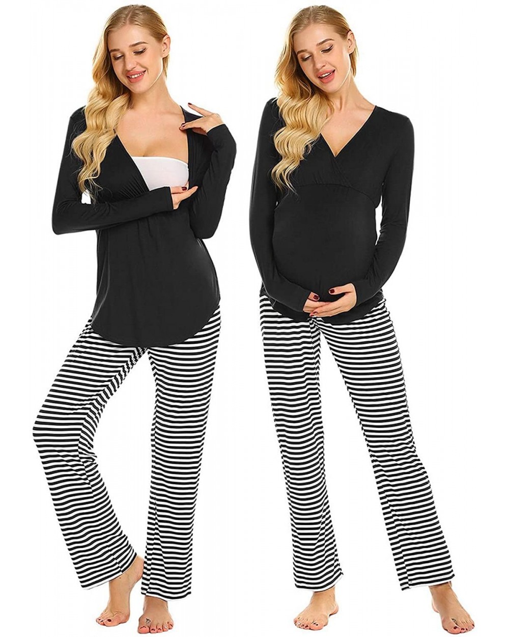 Maternity Nursing Pajama Set Striped Pants Short/Long Sleeve V Neck Breastfeeding Sleepwear Hospital Gown S XXL Black - C9198...