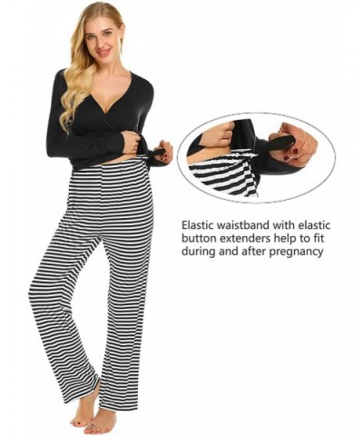 Maternity Nursing Pajama Set Striped Pants Short/Long Sleeve V Neck Breastfeeding Sleepwear Hospital Gown S XXL Black - C9198...