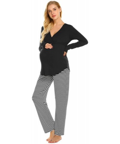 Maternity Nursing Pajama Set Striped Pants Short/Long Sleeve V Neck Breastfeeding Sleepwear Hospital Gown S XXL Black - C9198...