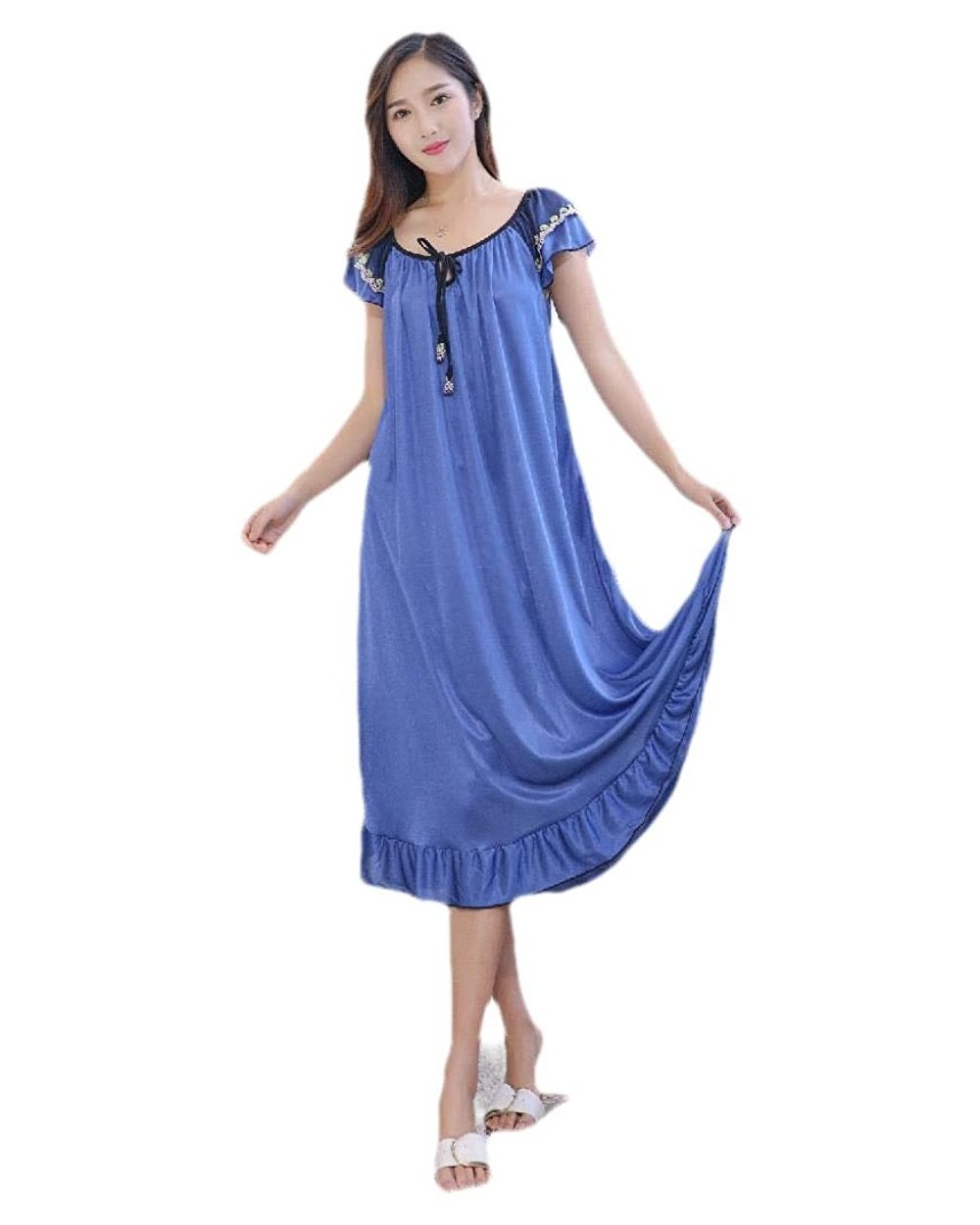 Women Silky Soft Sexy Summer Lightweight Long Charmeuse Sleeping Dress - Dark Blue - CY199SNSIA6 $27.71 Nightgowns & Sleepshirts