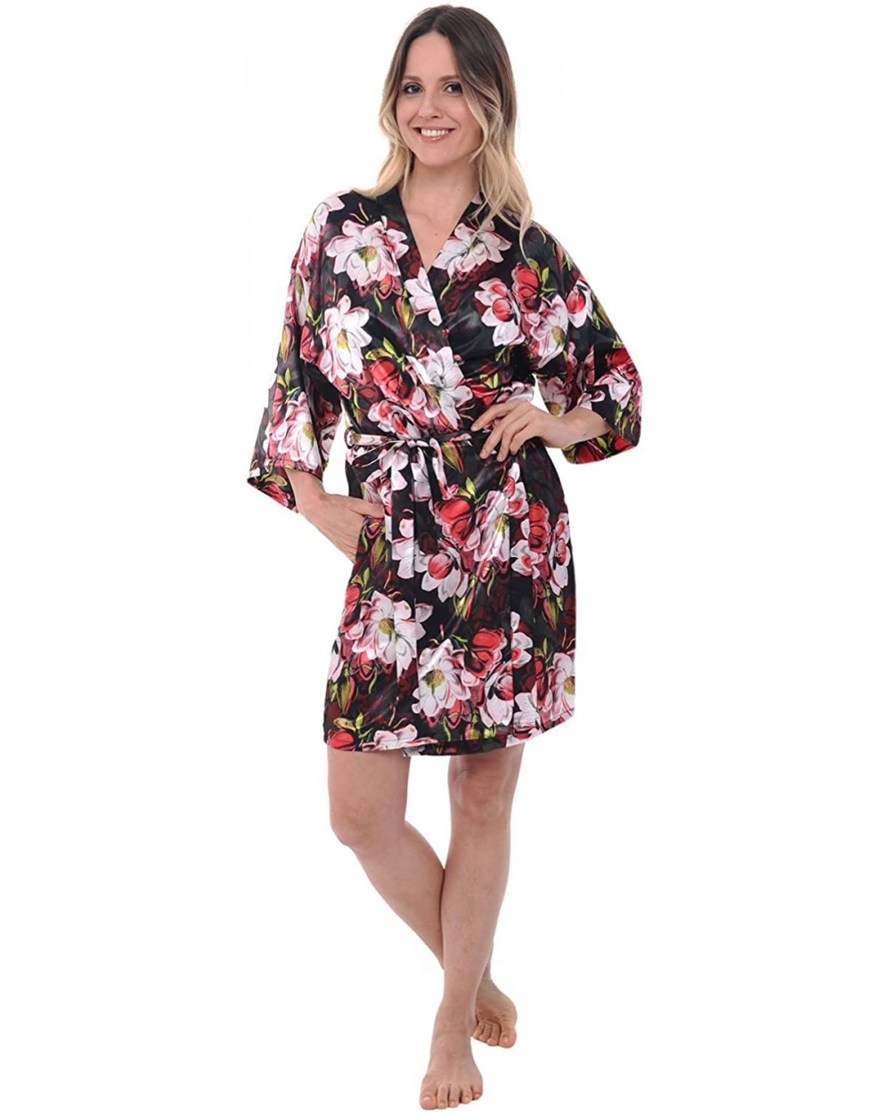 Womens Satin Printed Robe- Mid-Length Dressing Gown - Flowers on Black - CS12LJOAPXN $42.10 Robes