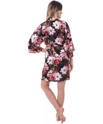 Womens Satin Printed Robe- Mid-Length Dressing Gown - Flowers on Black - CS12LJOAPXN $42.10 Robes