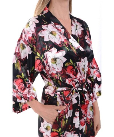 Womens Satin Printed Robe- Mid-Length Dressing Gown - Flowers on Black - CS12LJOAPXN $42.10 Robes