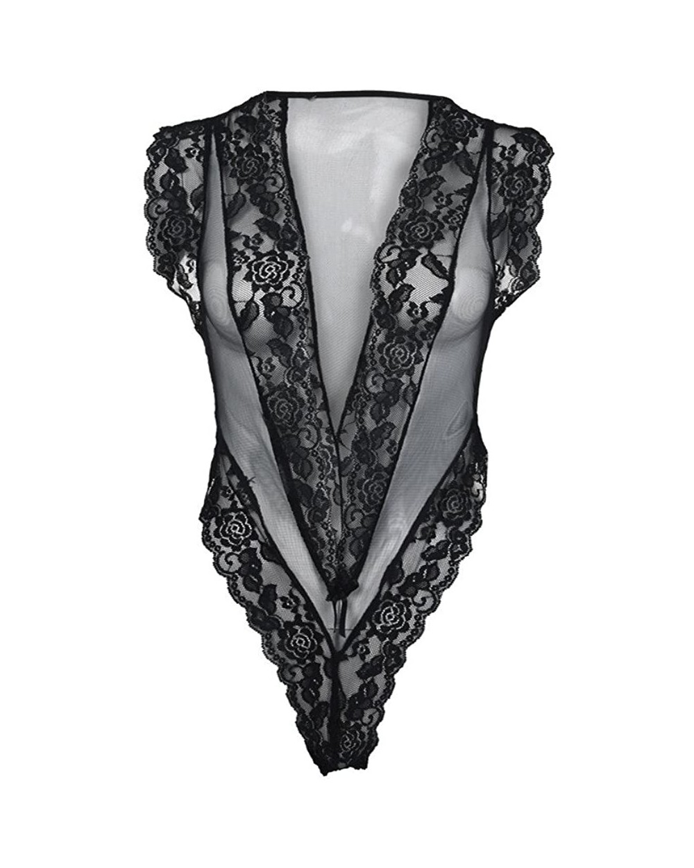 Women Sleepwear Lace Deep V-Neck Temptation Lingerie Sexy Bodysuit Nightwear - Black - CS199XSAIA2 $23.61 Accessories