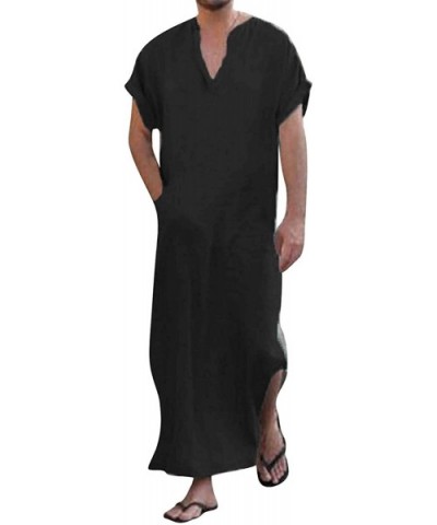 Men's Caftan V-Neck Short Sleeve Robe Side Split Cotton Long Gown Thobe S-5XL - Black - CH18UCXZZQ9 $41.98 Robes