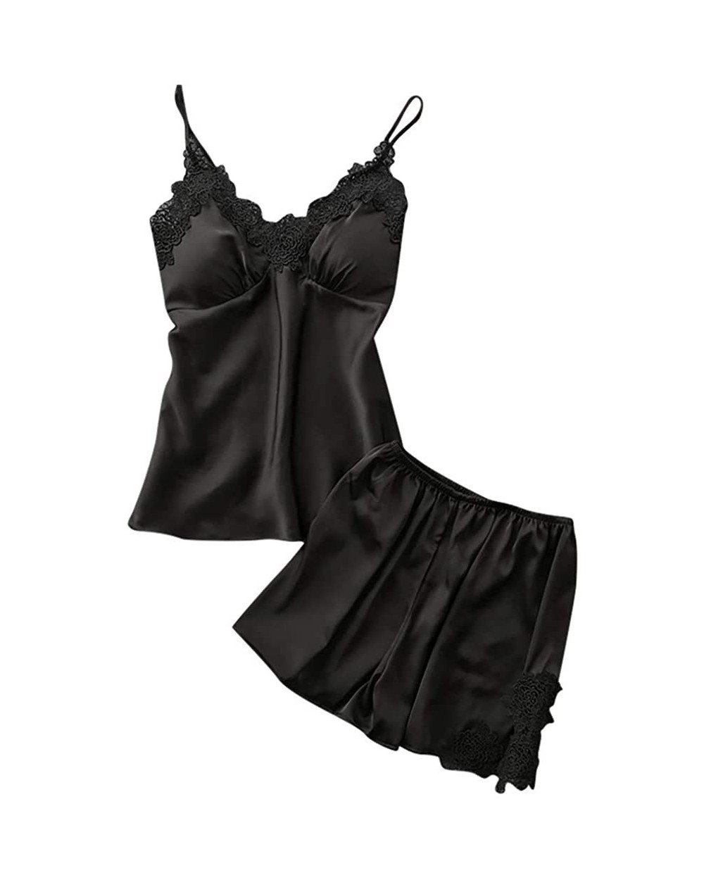 Womens Lingeries Sexy Satin Sling Sleepwear Loose Thin Lingerie Lace Camisole Nightdress Set - Black - CO18S77O6QQ $16.39 Nig...