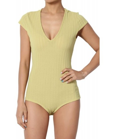 Basic Essential V-Neck Short Sleeve Stretch Ribbed Fitted Top T-Shirt - Bodysuit Wasabi - C818Q823YOH $34.91 Shapewear