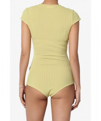 Basic Essential V-Neck Short Sleeve Stretch Ribbed Fitted Top T-Shirt - Bodysuit Wasabi - C818Q823YOH $34.91 Shapewear