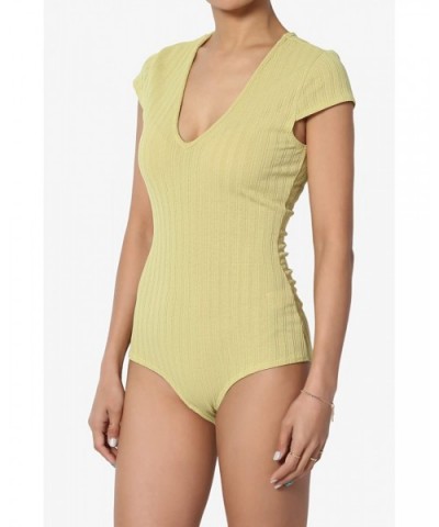 Basic Essential V-Neck Short Sleeve Stretch Ribbed Fitted Top T-Shirt - Bodysuit Wasabi - C818Q823YOH $34.91 Shapewear